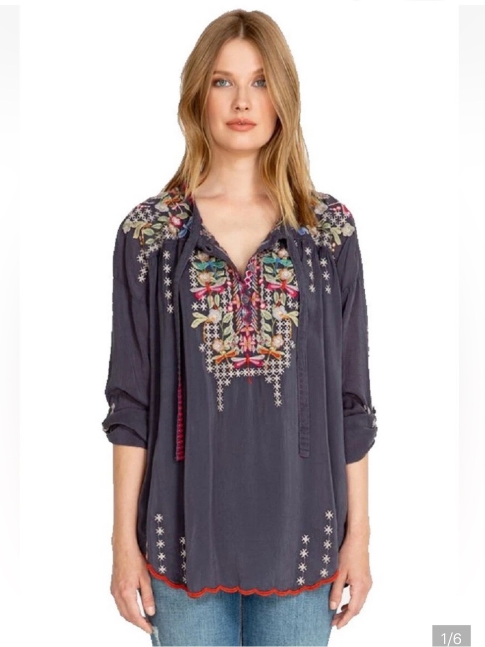 Johnny Was Slate Gray Embroidered Peasant Blouse with Multicolor Floral Accents